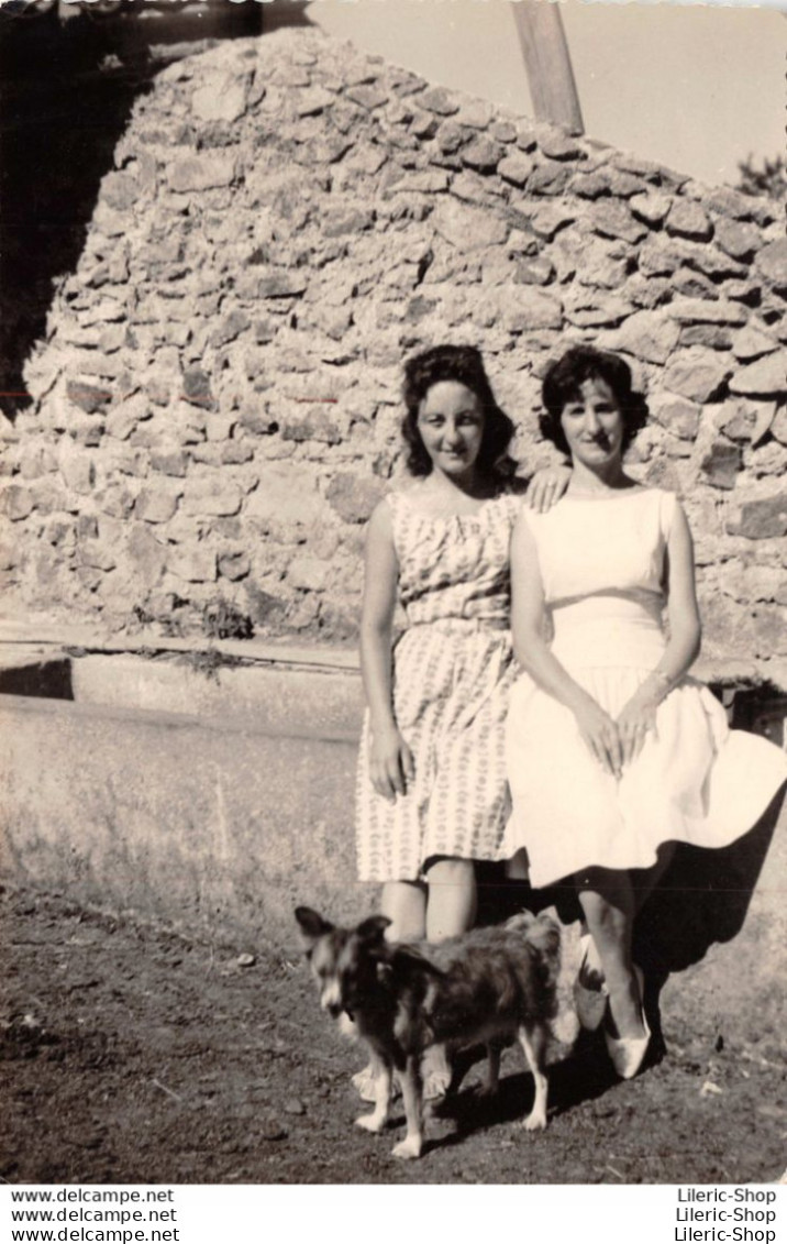 PHOTO ANCIENNE Portrait De Deux Jeunes Femmes Posant Avec Un Chien  - 88X130 - Personnes Anonymes