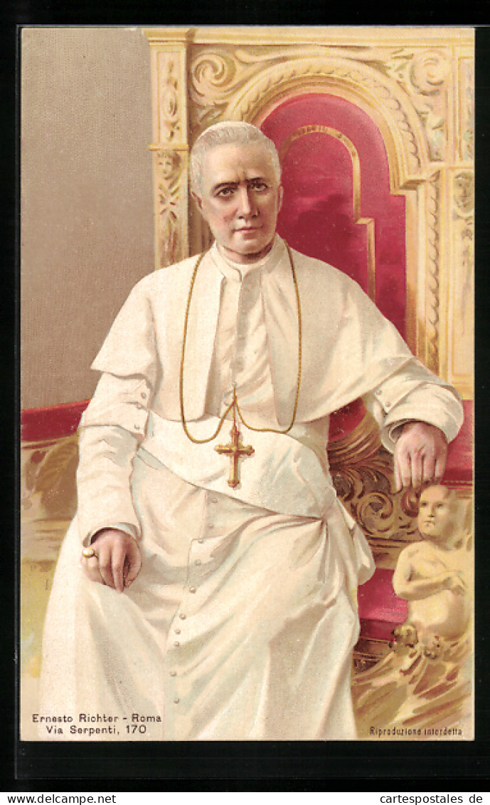 Lithographie Papst Pius X., Portrait Im Sitzen  - Pausen