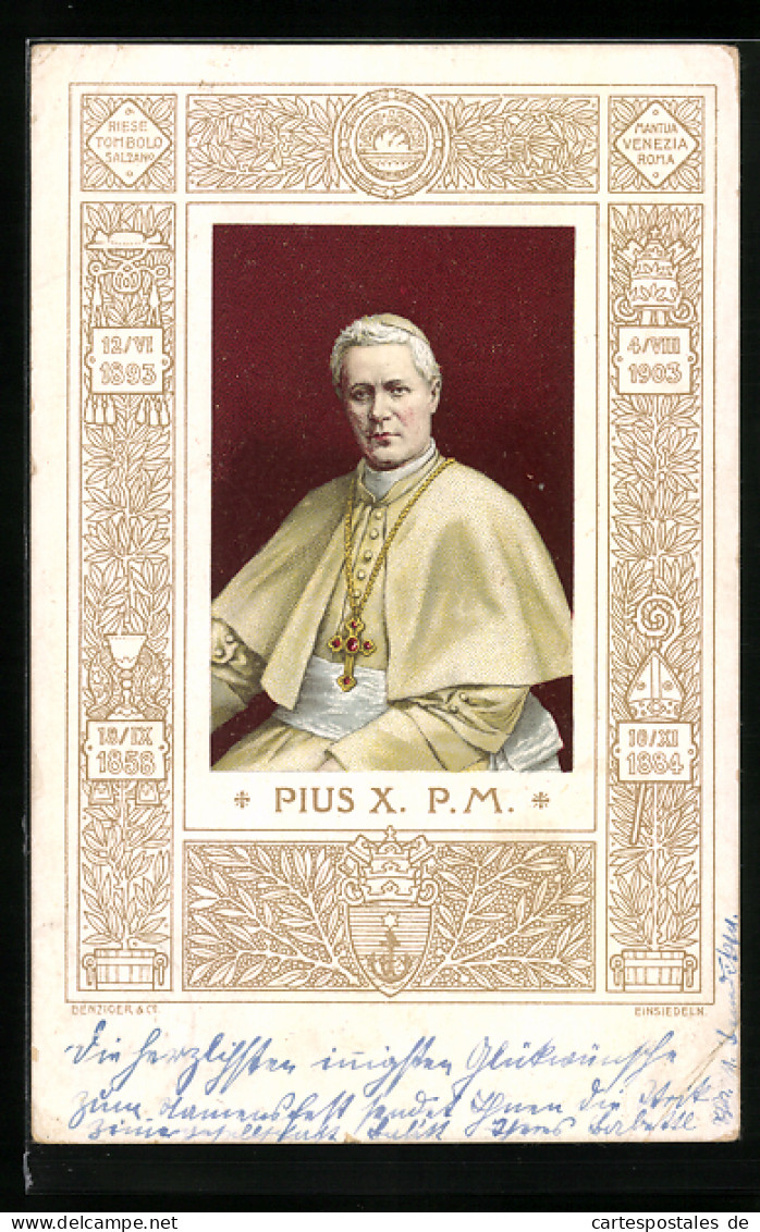 Lithographie Papst Pius X. Mit Kreuzkette  - Papes