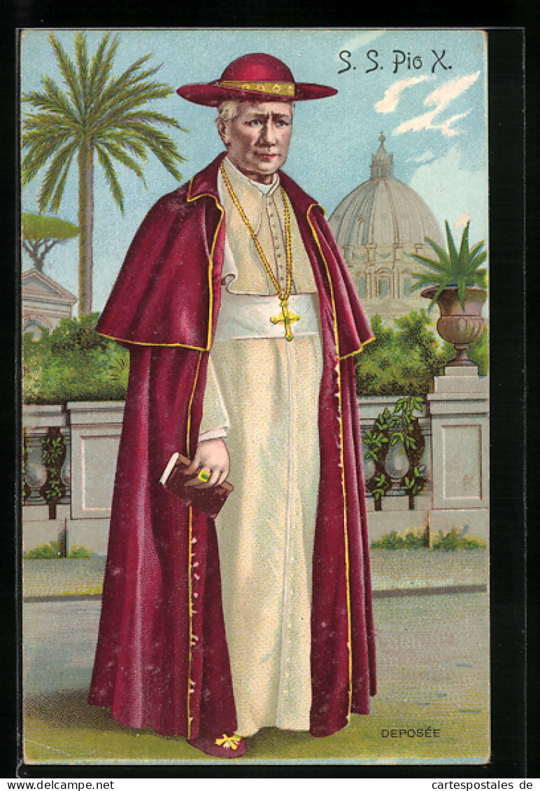 Lithographie Papst Pius X. Mit Hut Und Gebetsbuch  - Popes