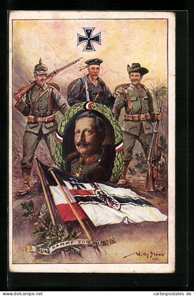 CPA Illustrateur Willy Stoewer: Reichskriegsflagge Et Eisernes Kreuz, Kaiser Wilhelm II, Soldat Der Schutztruppe  - Ehemalige Dt. Kolonien