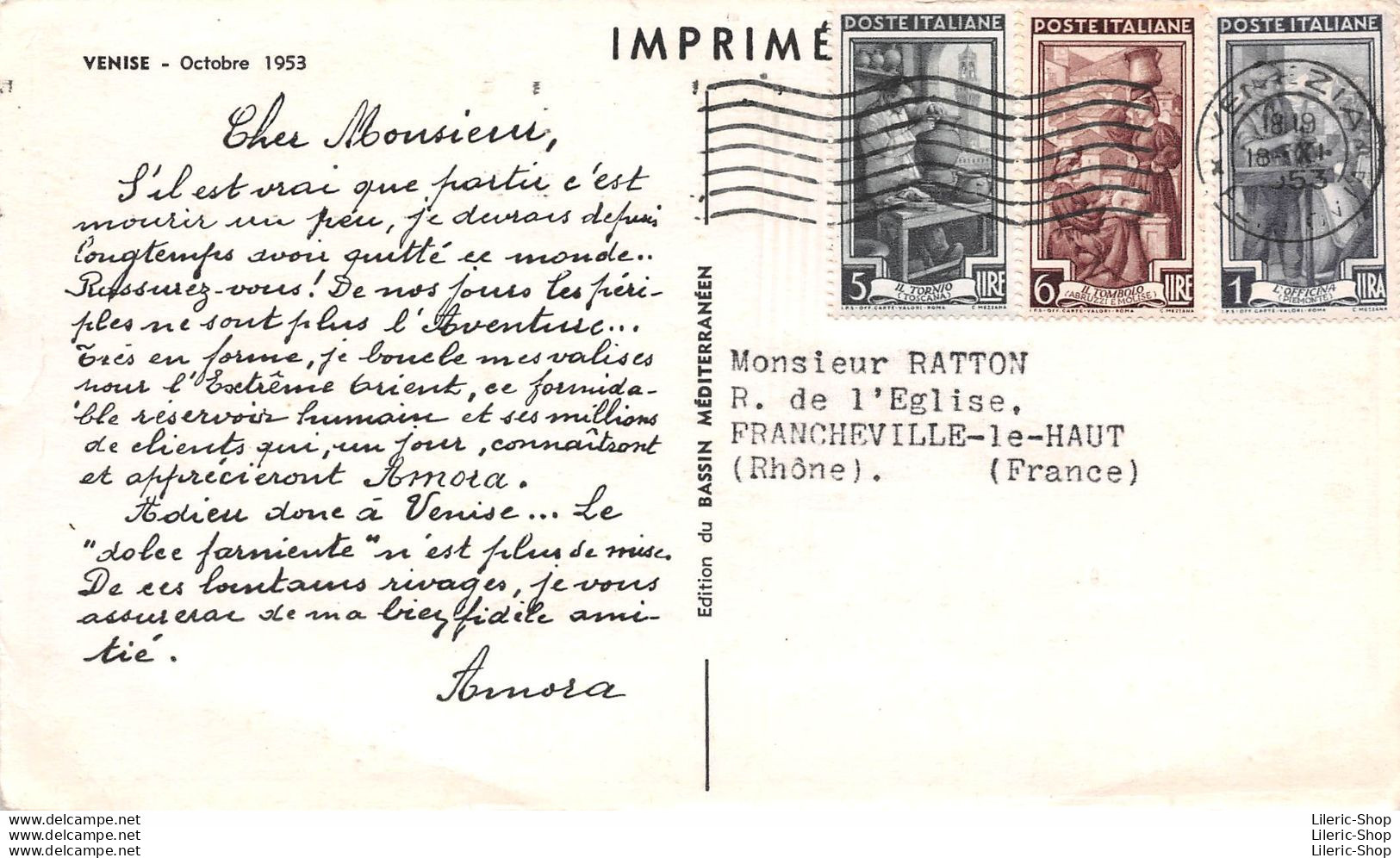 CPSM 180X105 Moutarde Amora - PROSPECTION  ASIATIQUE - VENISE - Octobre 1953 - Publicité