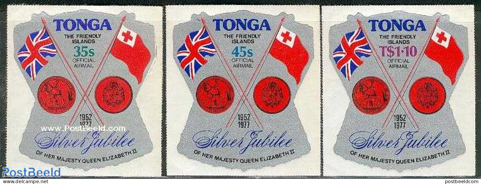 Tonga 1977 On Service, Elizabeth II Jubilee 3v, Mint NH, History - Flags - Kings & Queens (Royalty) - Koniklijke Families