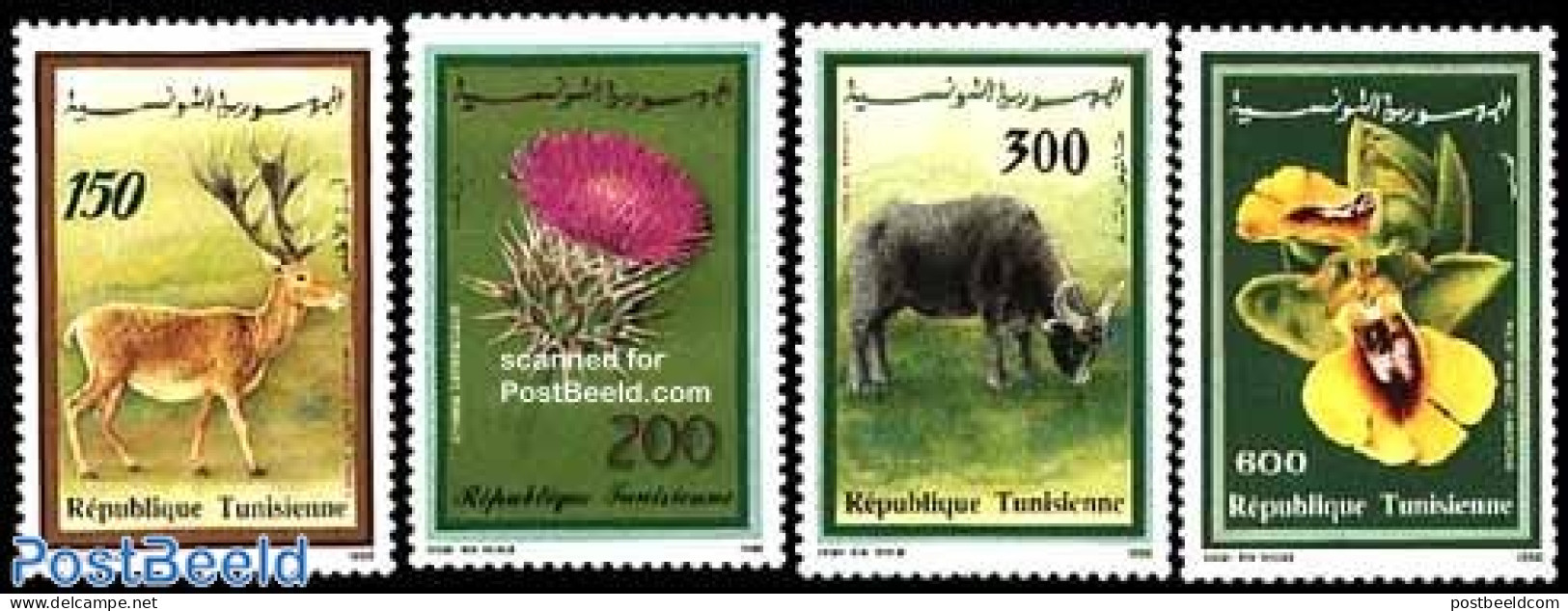 Tunisia 1990 Flora And Fauna 4v, Mint NH, Nature - Animals (others & Mixed) - Deer - Flowers & Plants - Tunisie (1956-...)