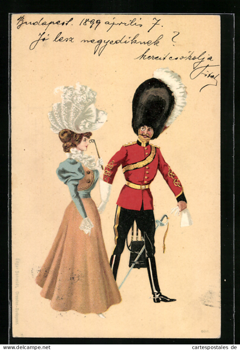 AK Mann In Roter Uniformjacke Und Frau Im Kleid Mit Ausladendem Hut  - Couples