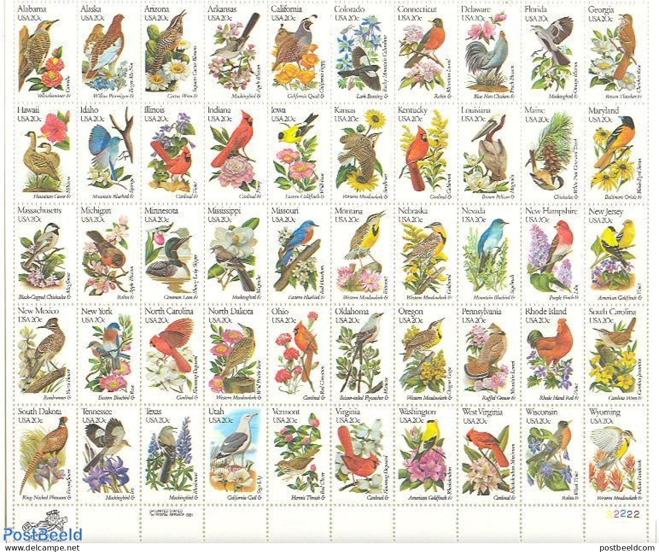 United States Of America 1982 Birds & Flowers 50v M/s, Mint NH, Nature - Birds - Flowers & Plants - Poultry - Woodpeck.. - Unused Stamps