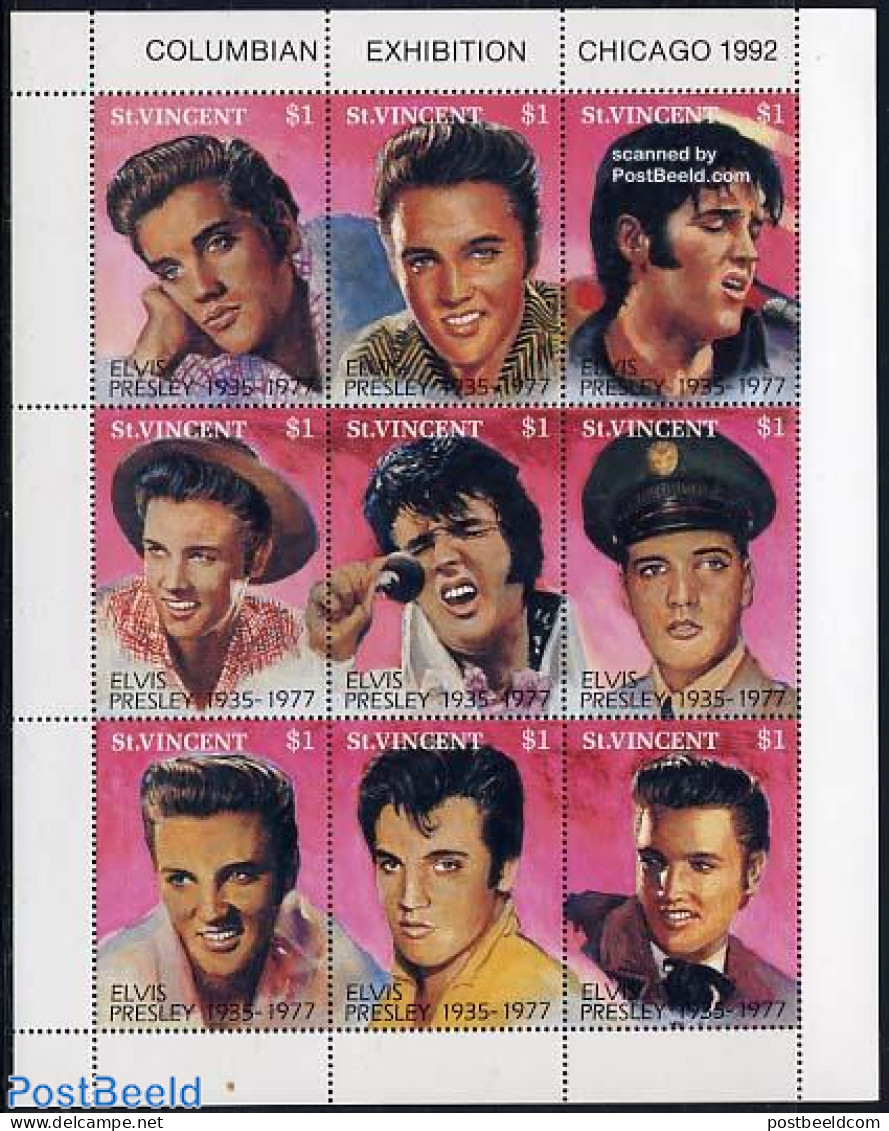 Saint Vincent 1992 Elvis Presley 9v M/s, World Columbian Stamp Expo, Mint NH, Performance Art - Elvis Presley - Music .. - Elvis Presley