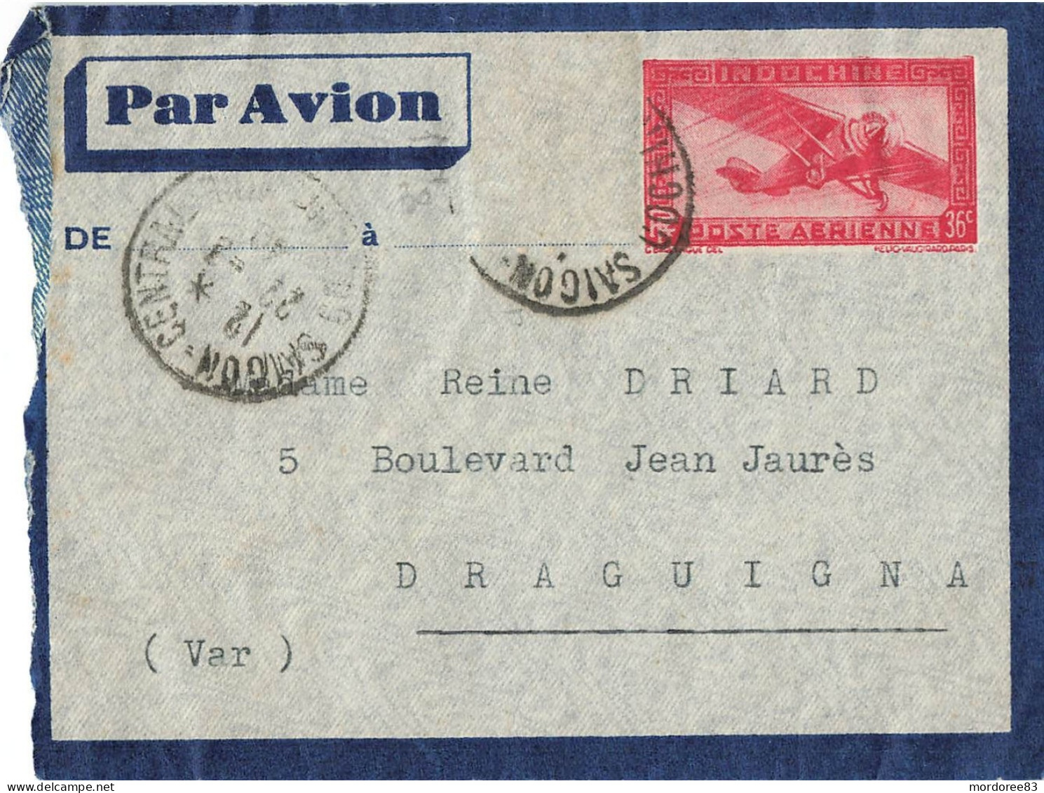 INDOCHINE ENTIER POSTAL 36C  AVION SAIGON CENTRAL 22/3/40 POUR RANCE DRAGUIGNAN - Brieven En Documenten