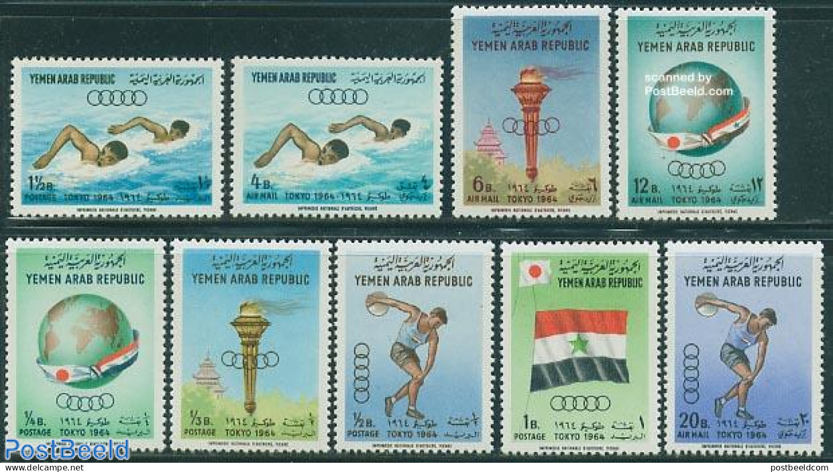 Yemen, Arab Republic 1964 Olympic Games 9v, Mint NH, Sport - Various - Olympic Games - Swimming - Globes - Maps - Schwimmen