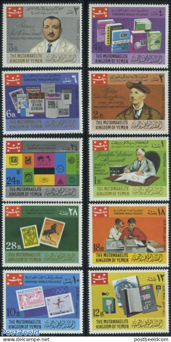 Yemen, Kingdom 1968 Philately 10v, Mint NH, History - Nature - American Presidents - Horses - Philately - Stamps On St.. - Postzegels Op Postzegels