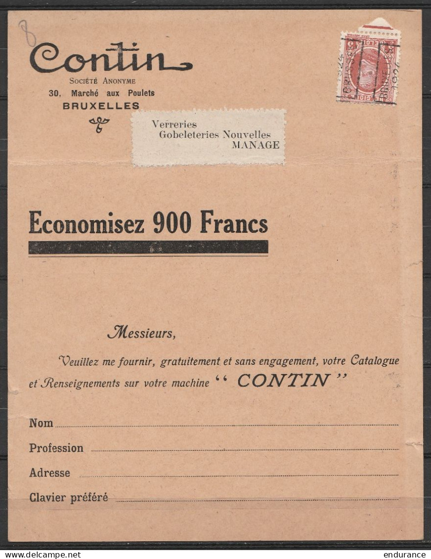 Pub Machines à écrire CONTIN Affr. PREO Houyoux 3c 1924 Pour Verreries Et Gobleteries Nouvelles à MANAGE - Tipo 1922-31 (Houyoux)