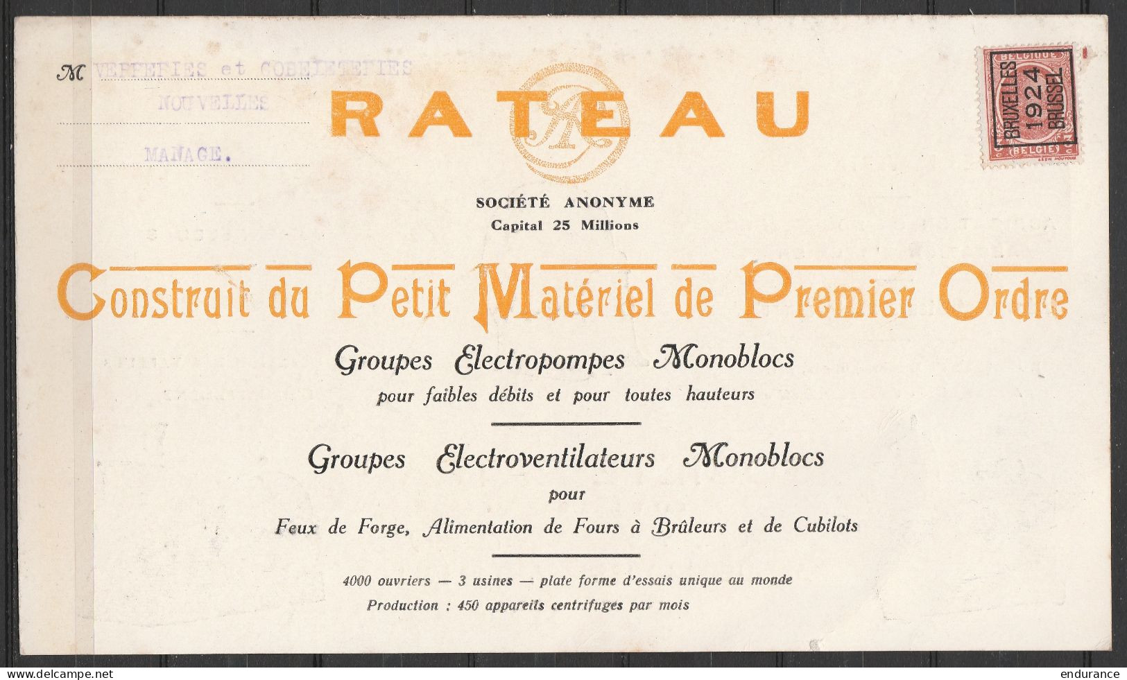 Pub Pompes & Ventilateurs RATEAU Affr. PREO Houyoux 3c 1924 Pour Verreries Et Gobleteries Nouvelles à MANAGE - Typografisch 1922-31 (Houyoux)