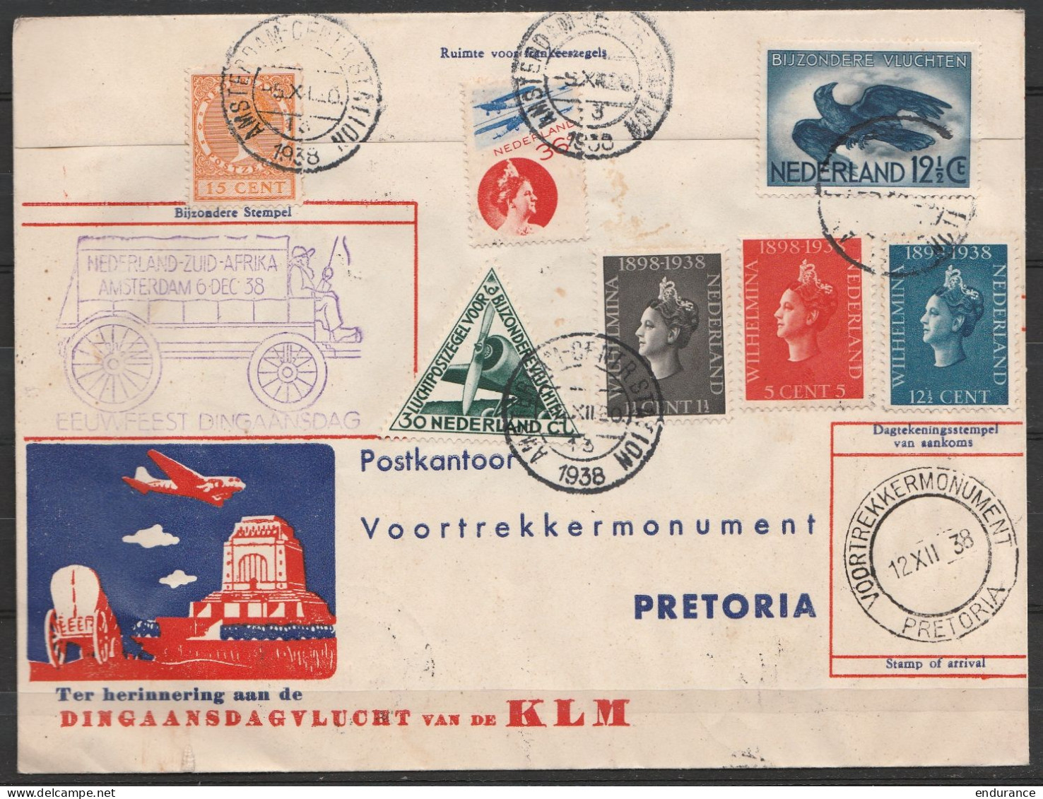 Pays-Bas / Afrique Du Sud - Pli Commémoratif "Dingaansdagvlucht Van De KLM" Càd AMSTERDAM /-5.XII.1938 Pour PRETORIA Et  - Airmail