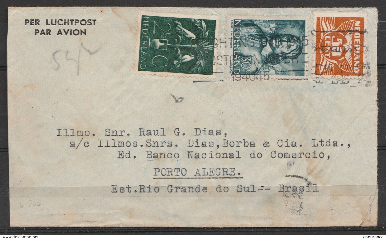 Pays-Bas - L. Avion Affr. 82 1/2c Flam ROTTERDAM /15 IX 1945 Pour PORTO ALEGRE BRASIL - Covers & Documents