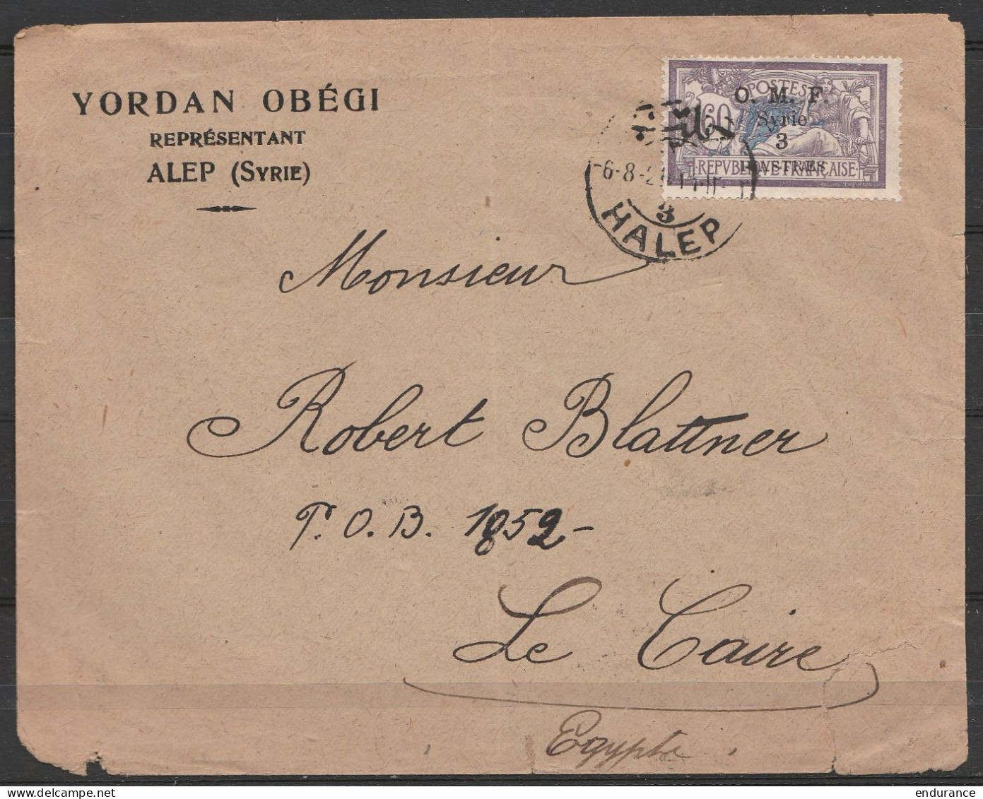 Syrie - L. Affr. N°64 Càd ALEP /-6-8-1924 Pour LE CAIRE (au Dos: Càd Arrivé CAIRO) (enveloppe Réparée Au Dos) - Lettres & Documents