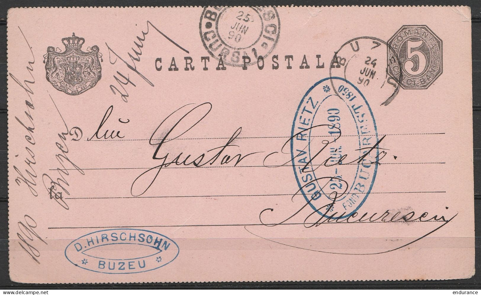 Roumanie - CP EP 5b Càd BUZEU /24 JUN 1890 Pour BUCURESTI (Bucarest) - Càd Arrivée BUCURESTI /25 JUN 1890 - Postal Stationery