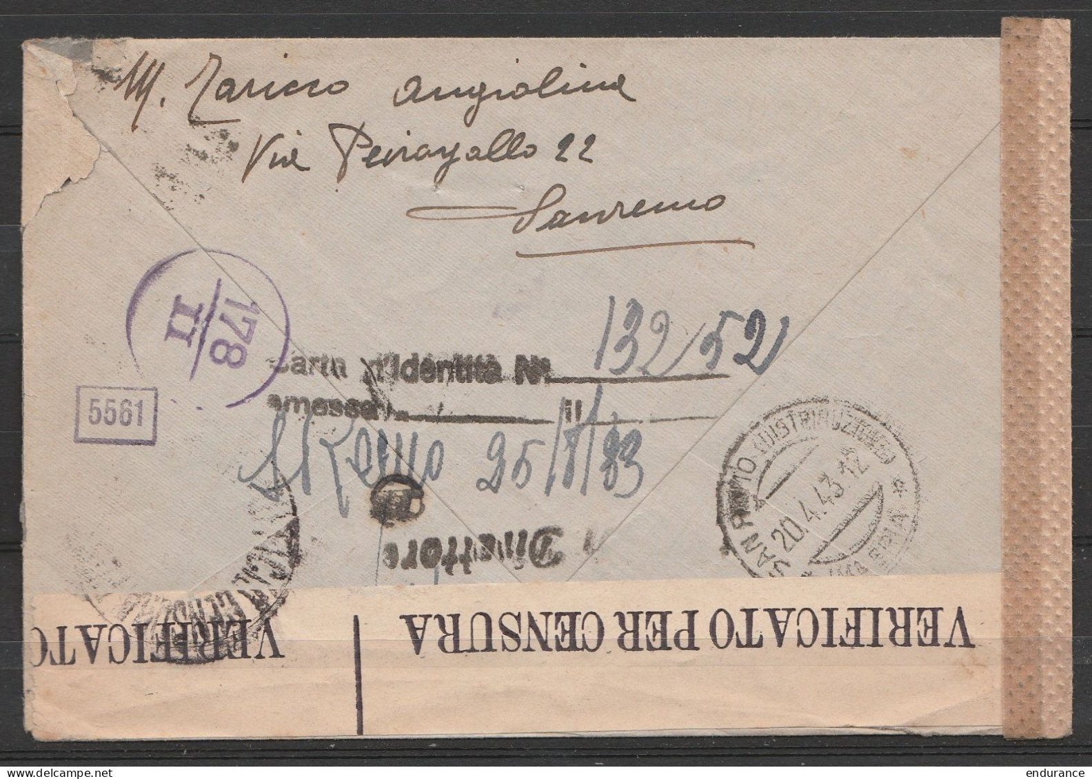 Italie - L. Affr. 25cts Càd SAN REMO DISTRIBUZIONE /20.4.1943/ IMPERIA Pour BRUXELLES - Cachets Et Bande Censure Militai - Marcofilie