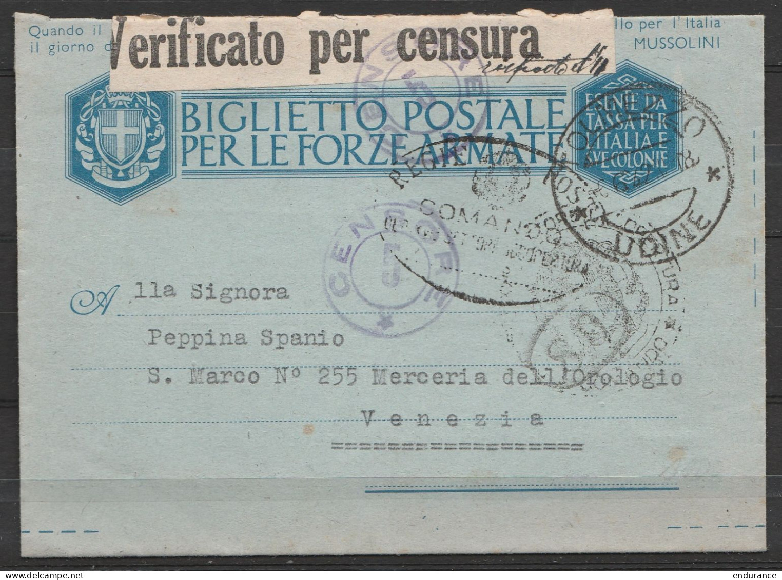 Italie - EP Franchise Militaire Càd TOLMEZZO /6.6.1942/ UDINE Pour VENEZIA - Cachets Et Bande Censure Militaire - Portofreiheit