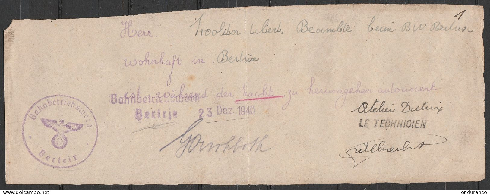 Laisser-passer établi Par L'occupant Allemand Daté 23 Décembre 1940 De BERTRIX - 1939-45