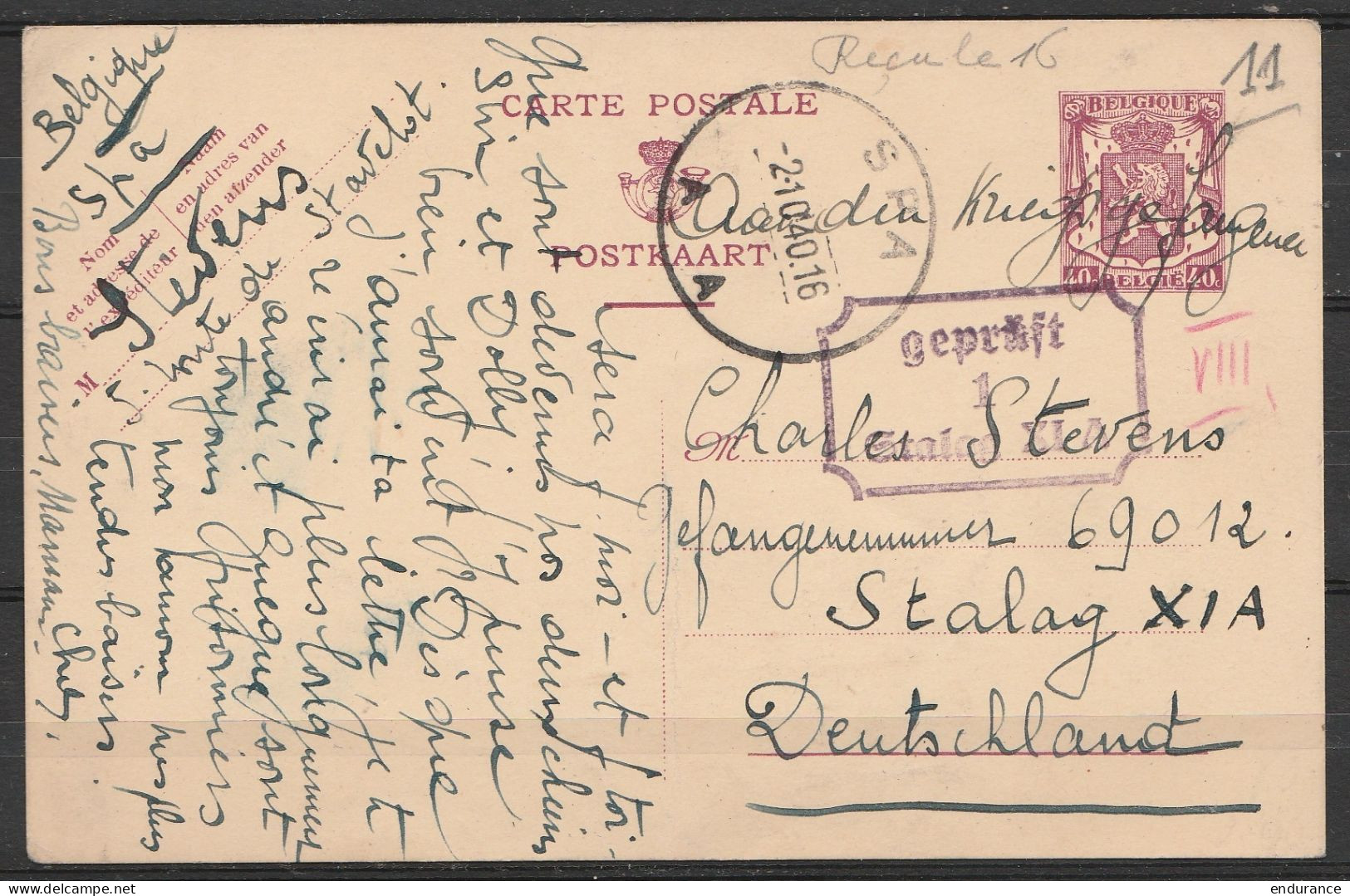 EP CP 40c Petit Sceau De L'Etat Càd SPA /-2-10-1940 Pour Prisonnier Au STALAG XI A - Cachet Censure Stalag XI A - Guerre 40-45 (Lettres & Documents)