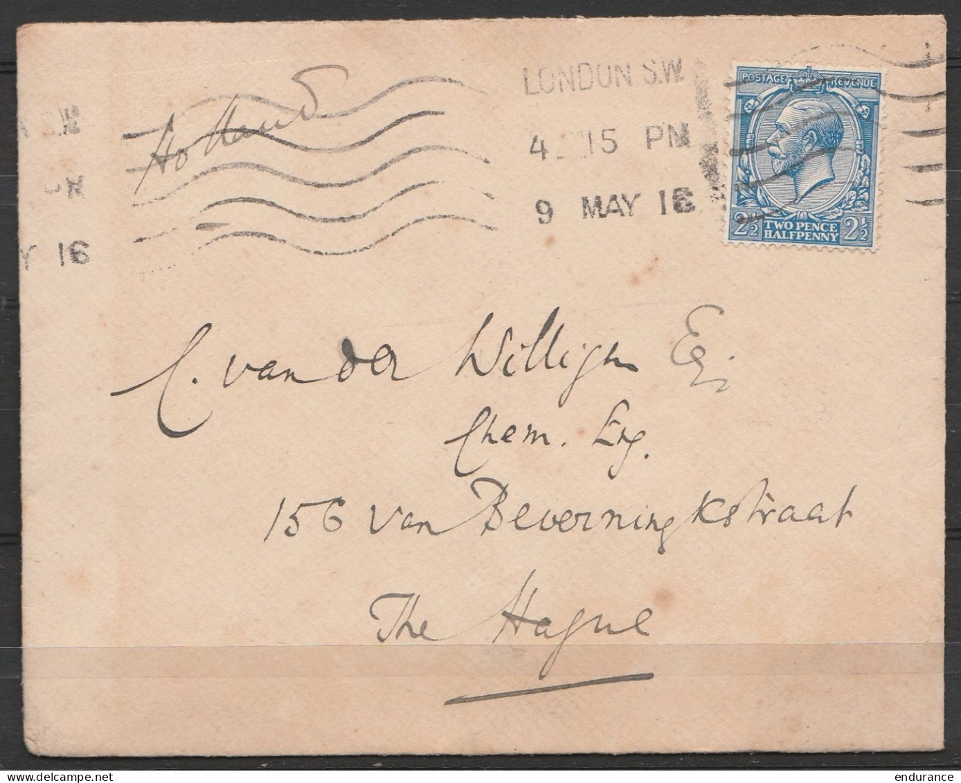 LSC (sans Texte) Affr. 2 1/2p KGV Bleu Flam. LONDON S.W./9 MY 1916 Pour LA HAYE (Pays-Bas) - Cachet Et étiquette Censure - Postmark Collection