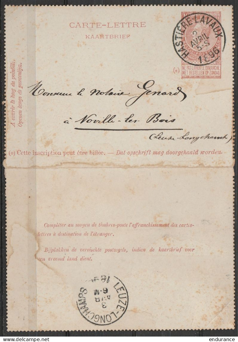 Carte-lettre 10c Rouge-brun (N°57) Càd HASTIERE-LAVAUX /2 AVRIL 1896 Pour Notaire à NOVILLE-LES-BOIS (au Dos: Càs Arrivé - Letter-Cards