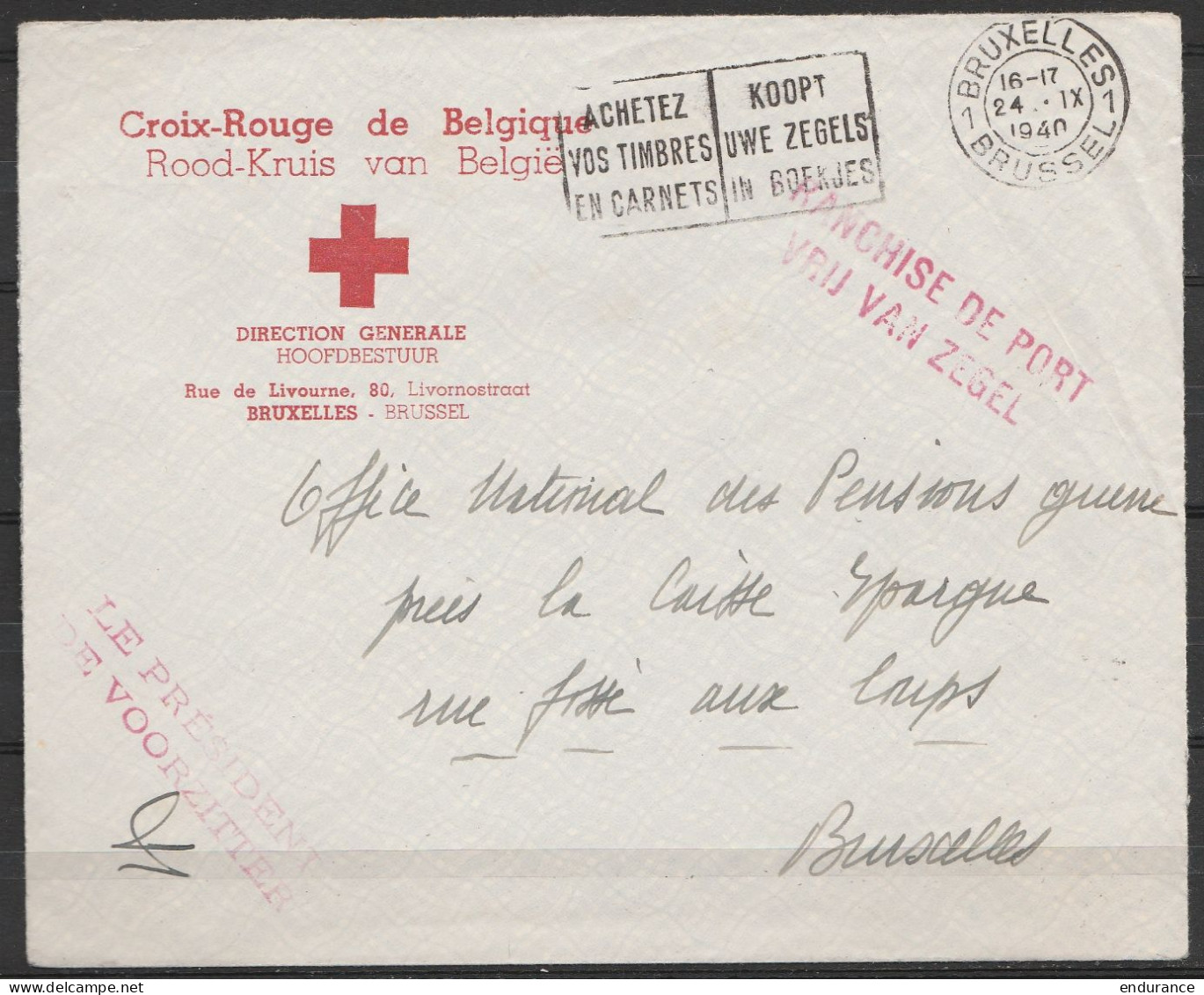L. Entête Croix-Rouge De Belgique En Franchise Flam. "BRUXELLES 1/24.XI.1940 Pour E/V - Griffe "FRANCHISE DE PORT / VRIJ - Weltkrieg 1939-45 (Briefe U. Dokumente)