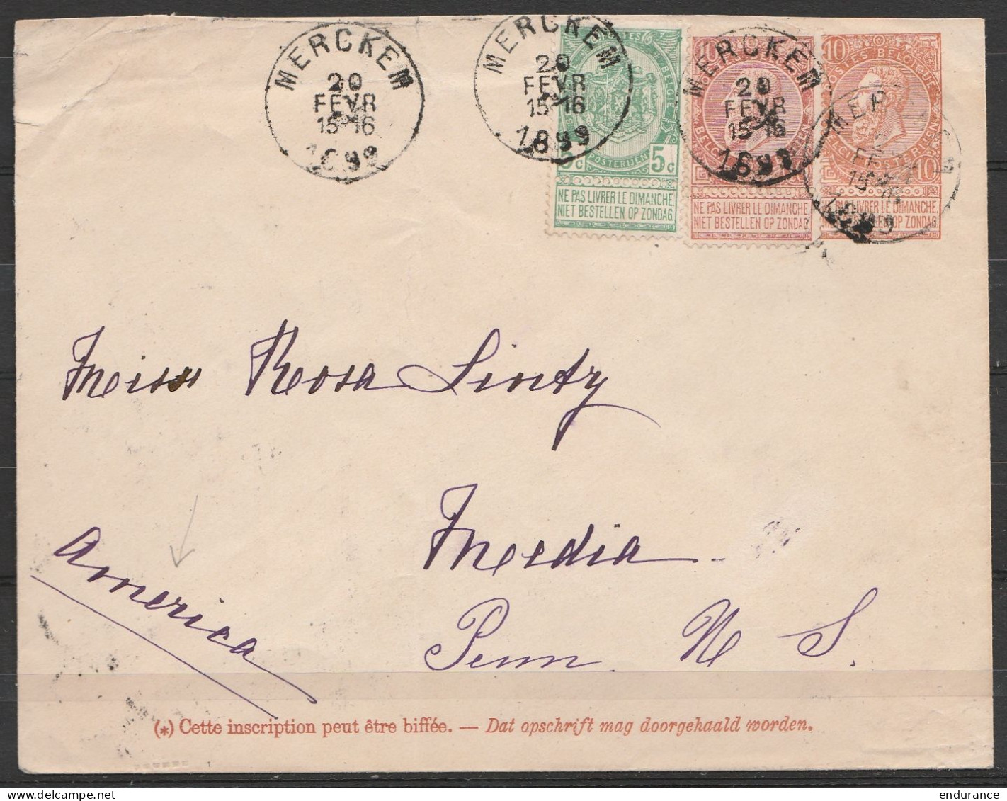 Entier Postal 10c + N°56+57 Càd MERCKEM /20 FEVR 1899 Pour Les Etats-Unis (Pensylvannie) (au Doc: Flam NEW YORK - 1893-1900 Thin Beard