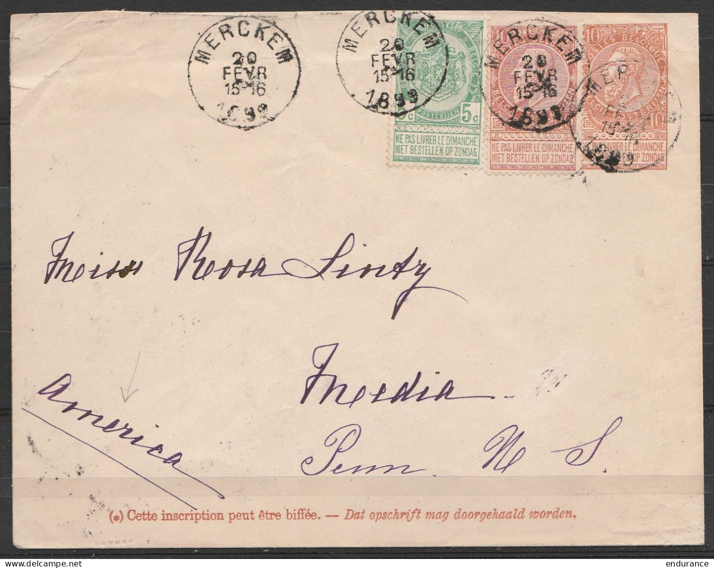 Entier Postal 10c + N°56+57 Càd MERCKEM /20 FEVR 1899 Pour Les Etats-Unis (Pensylvannie) (au Doc: Flam NEW YORK - 1893-1900 Fijne Baard