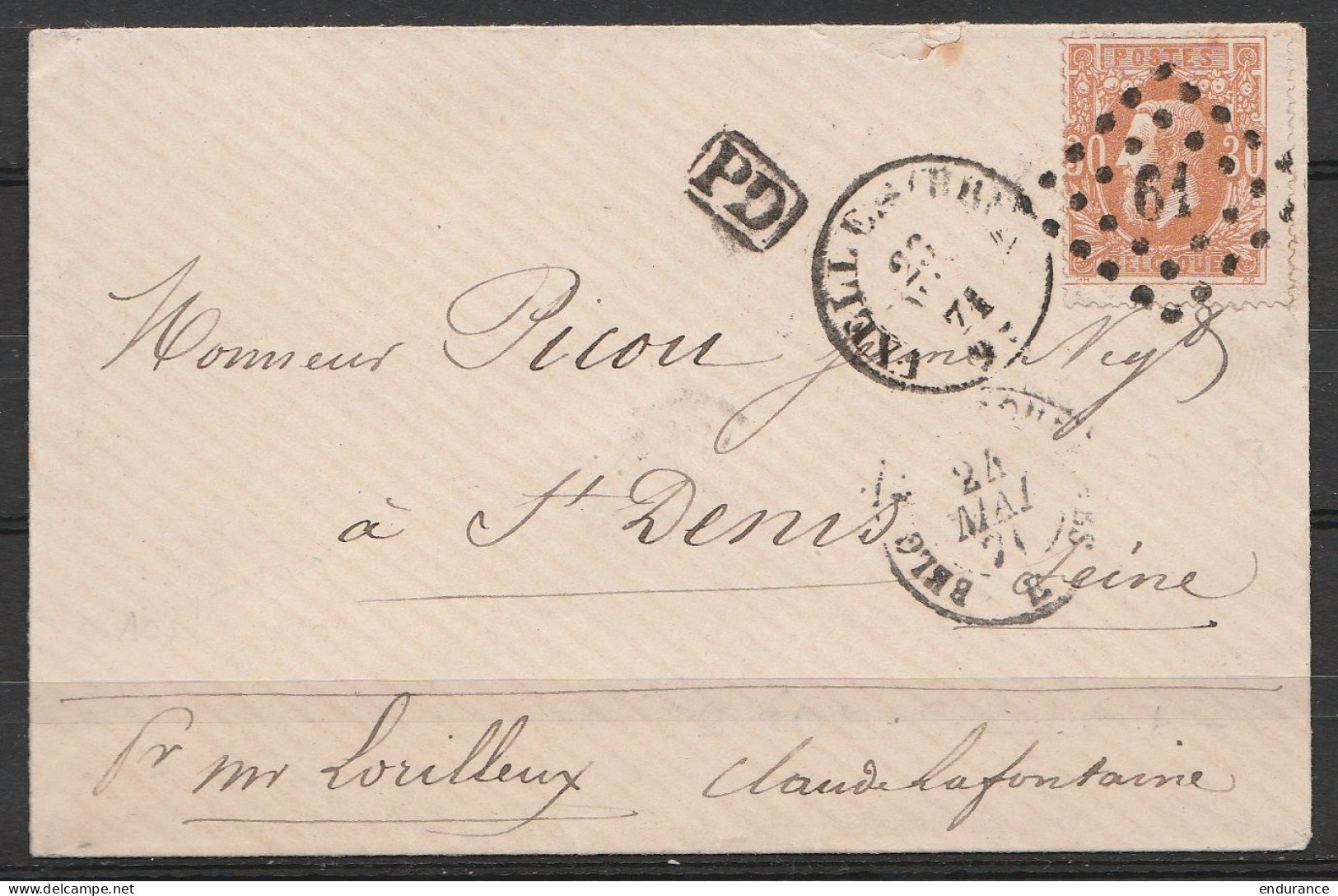 RRR ! L. Affr. N°33 Lpts "61" Càd IXELLES (BRUX)/23 MAI 1871 Pour ST-DENIS - Acheminé Durant La "Semaine Sanglante" Envo - 1869-1883 Léopold II