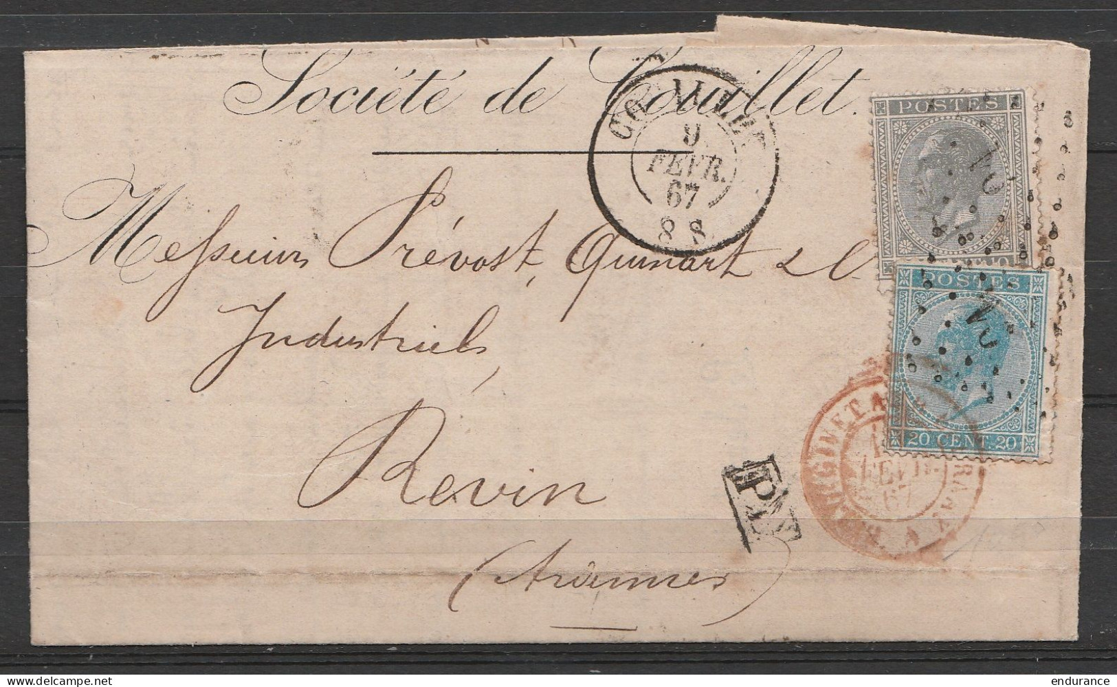 L. Soc.Anonyme De Marcinelle & Couillet (Charbons, …) Affr. N°17+18 Lpts "91" Càd COUILLET /9 FEVR 1867 Pour REVIN (Arde - 1865-1866 Perfil Izquierdo