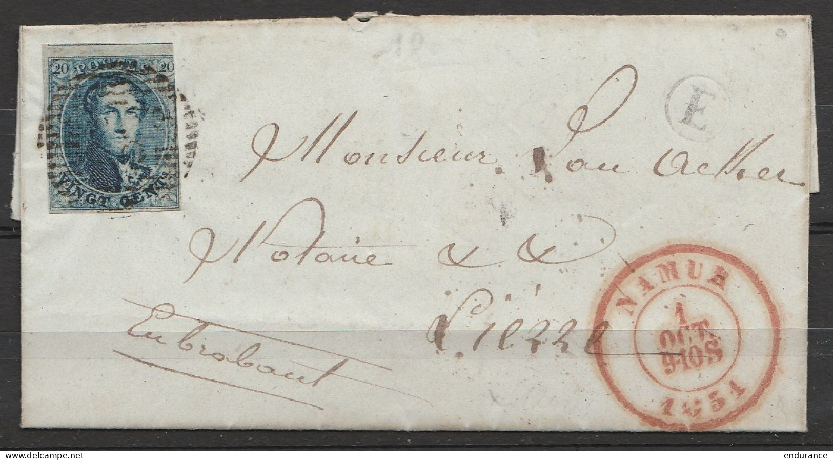 L. Datée 1e Octobre 1851 De Vivier L'Agneau Affr. N°7 Càd NAMUR /1 OCT 1851 Pour LIERRE - Boîte "E" (au Dos: Càd LIERRE) - 1851-1857 Medaillen (6/8)