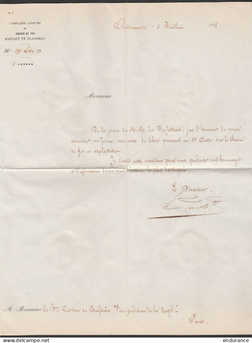 RR ! L. Entête Cie Chemin De Fer Hainaut & Flandres Affr. N°11A (paire) P9 Càd AUDENAERDE /10 JUIL 1858 (une Des Premièr - 1858-1862 Medaillen (9/12)