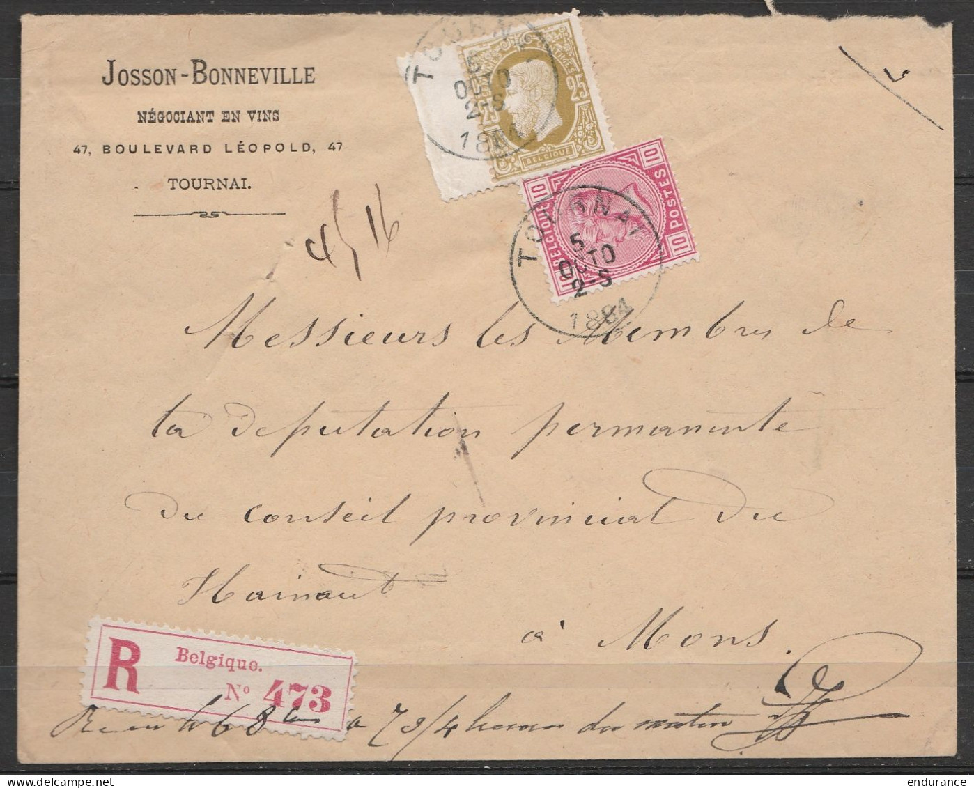 L. Négociant En Vins Recommandée Affr. N°32 (Bdf) + 38 Càd TOURNAI /5 OCTO 1884 Pour Députation Permanente Du Conseil Pr - 1869-1883 Leopold II