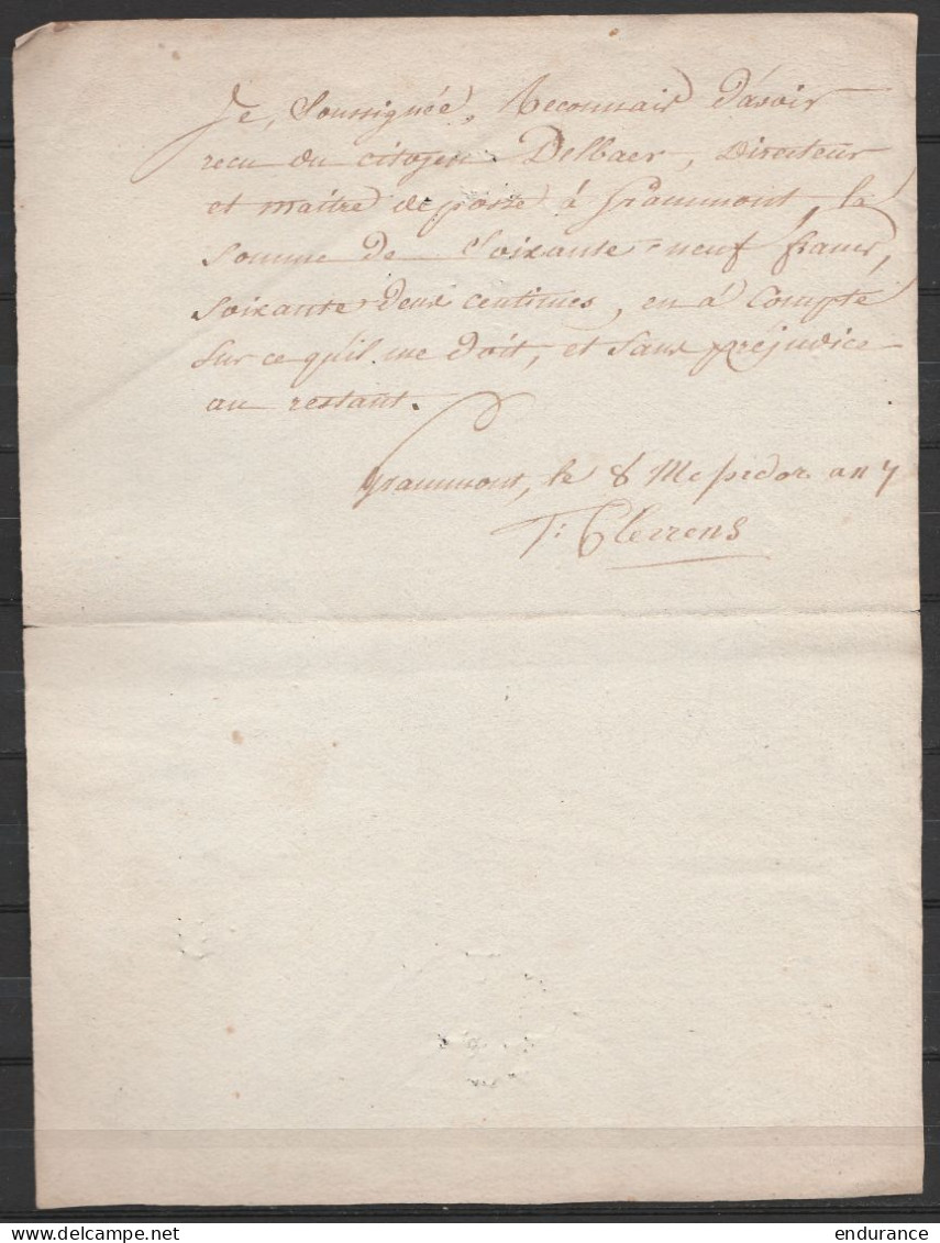 Reçu Daté 8 Messidor AN 4 (26 Juin 1796) Pour Directeur Et Maitre De Poste à GRAMMONT - 1794-1814 (Französische Besatzung)