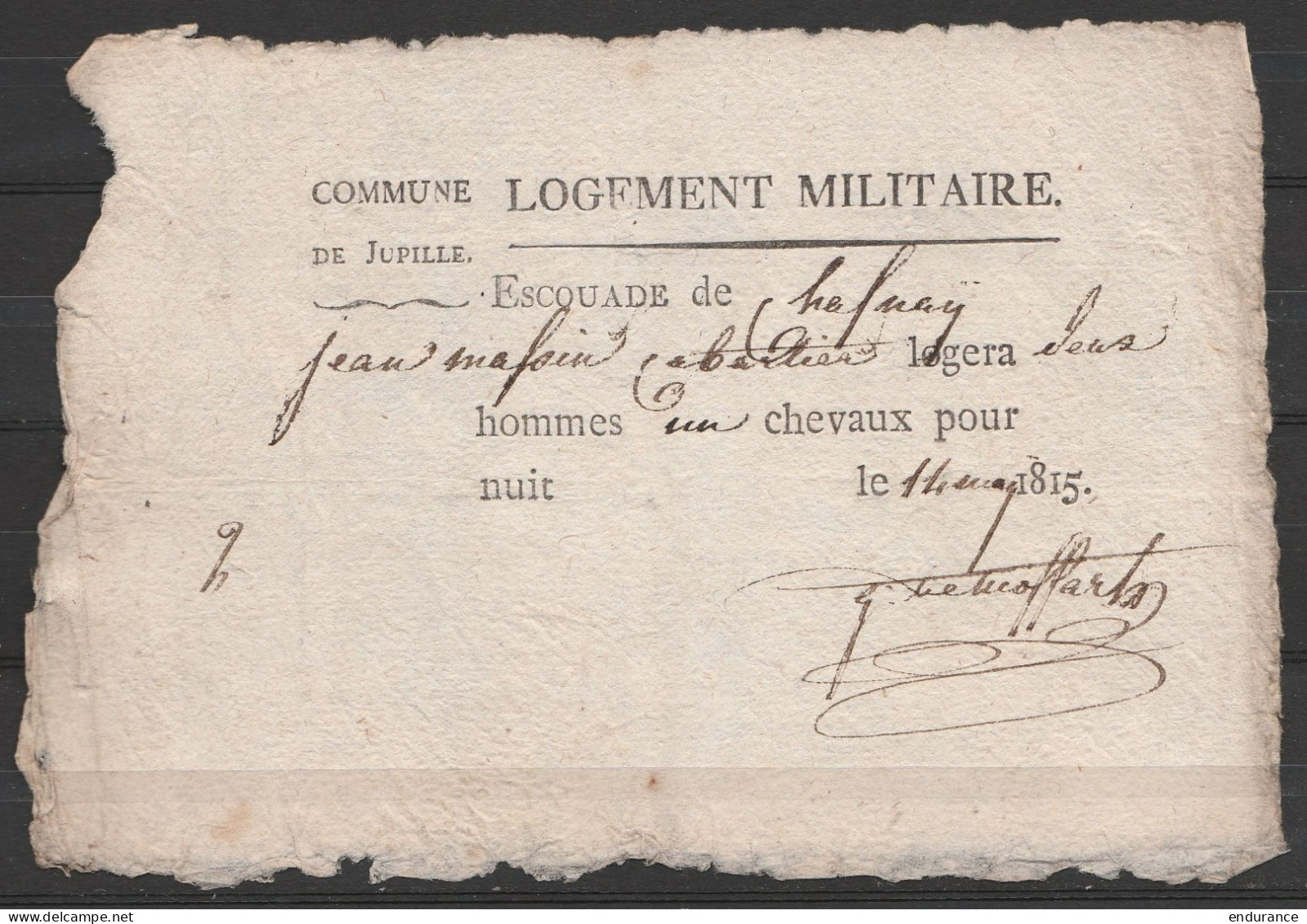 Bon De Réquisition Pour Logement Militaire Adressé à Un Cabaretier à JUPILLE- 14 Mai 1815 - Dokumente