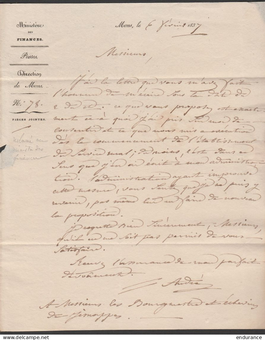 L. Datée 6 Fevrier 1837 De La Direction Des Postes De MONS André Càd MONS Pour Bourgmestre Et échevins De JEMAPPES (voir - 1830-1849 (Independent Belgium)