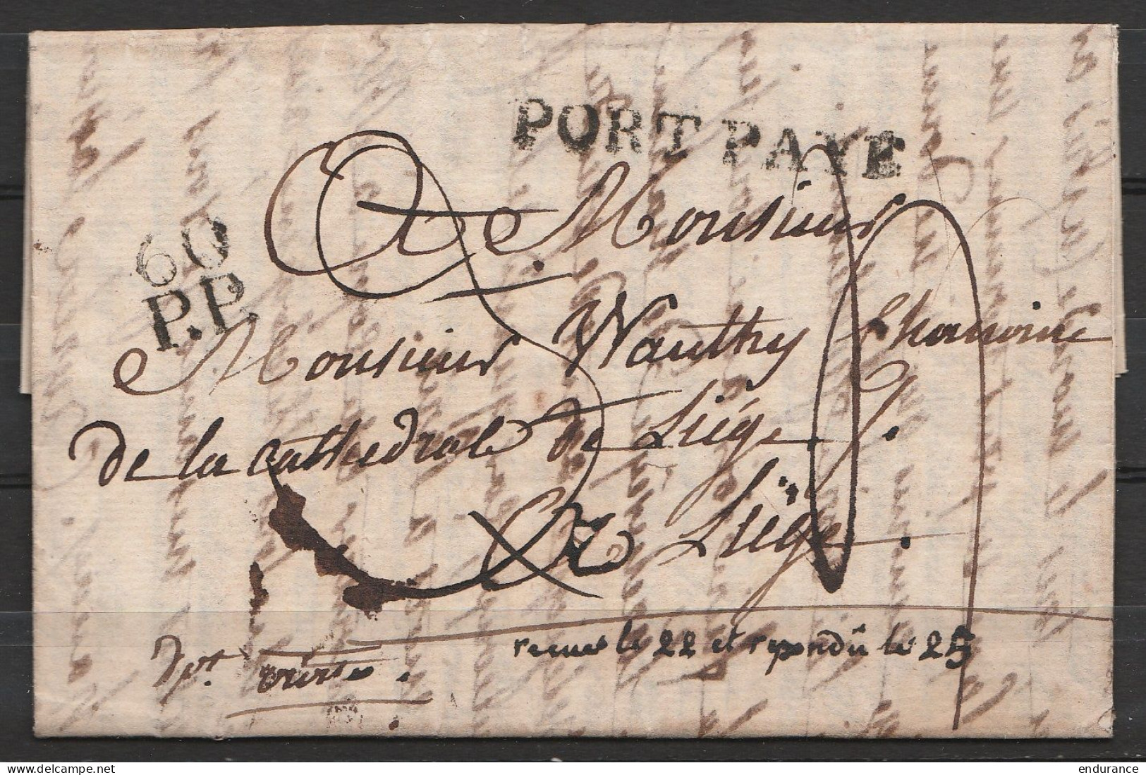 L. Datée 18 Août 1814 Signée De L'Evêque De Liège à PARIS Pour Chanoine De La Cathédrale De Liège - Griffe "PORT PAYE" + - 1794-1814 (Période Française)