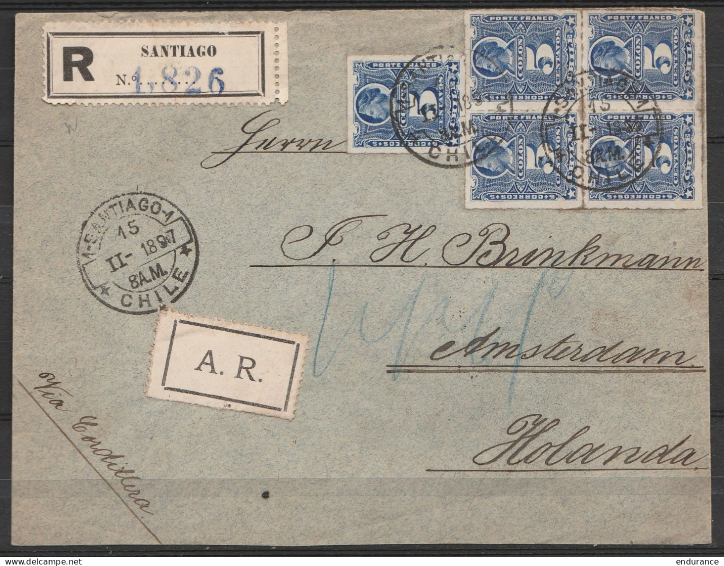 Chili - L. Recommandée A.R. Affr. 5x5c Càd SANTIAGO /15 II 1897 Pour AMSTERDAM Via Cordillera (au Dos: Càd BUENOS AIRES  - Chili