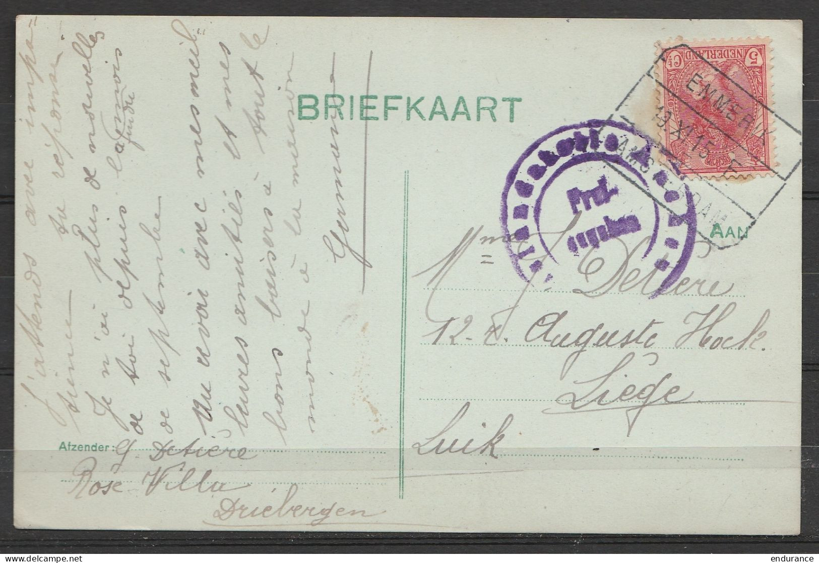 Payc-Bas - CP De Driebergen Affr. 5c Càd Amb.rect [EMMERIK /19.XI.1915/ AMSTERDAM] Pour LIEGE - Cachet Censure Militaire - Covers & Documents