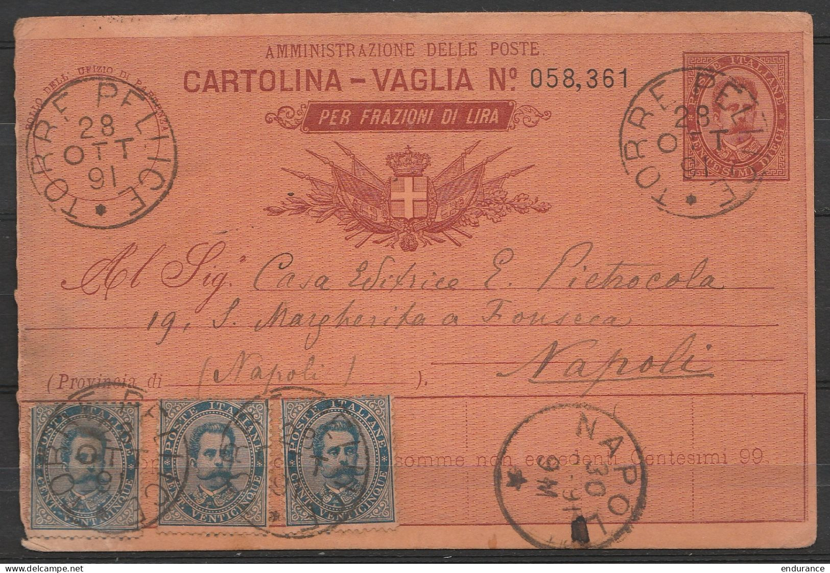 Italie - Cartolina-Vaglia Per Frazioni Di Lira 10c + 60c Càd TORRE PELLICE /28 OTT 1891 Pour NAPOLI (état - Voir Scans) - Ganzsachen