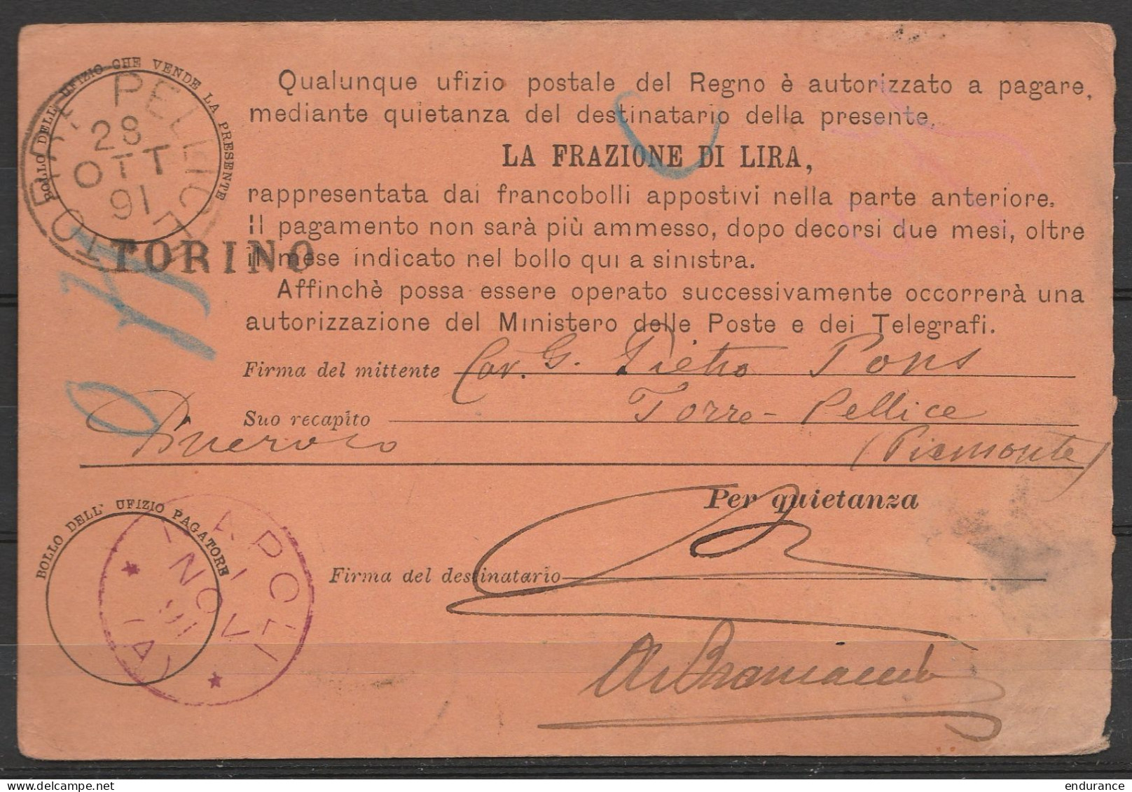 Italie - Cartolina-Vaglia Per Frazioni Di Lira 10c + 60c Càd TORRE PELLICE /28 OTT 1891 Pour NAPOLI (état - Voir Scans) - Stamped Stationery