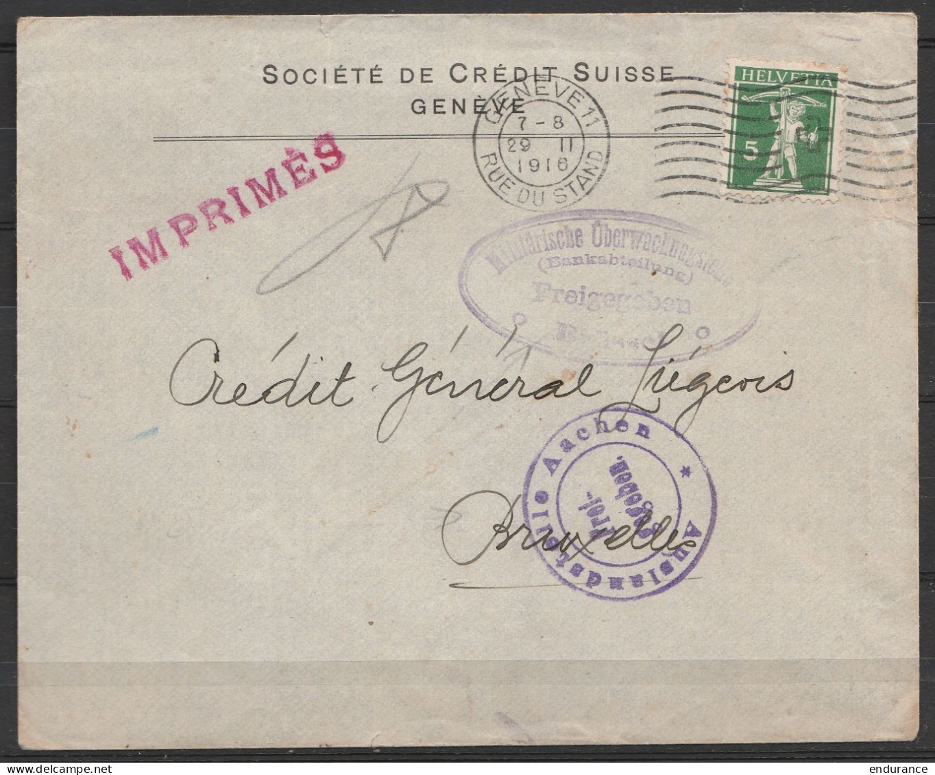 L. Imprimés Entête Société De Crédit Suisse Affr. 5c Flam. "GENEVE 11/29 II 1916/ RUE DU STAND" Pour BRUXELLES - Cachets - Storia Postale