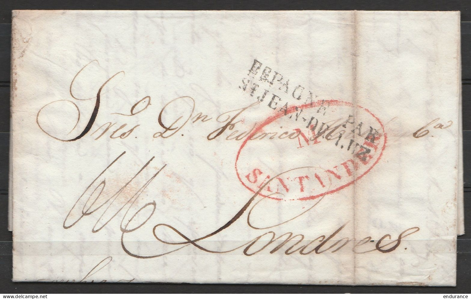 L. Datée 19 Juillet 1833 De SANTANDER Pour LONDRES - Griffe "ESPAGNE PAR / ST. JEAN-DE LUZ" - Cachet Oval "M. SANTANDER" - ...-1850 Prefilatelia