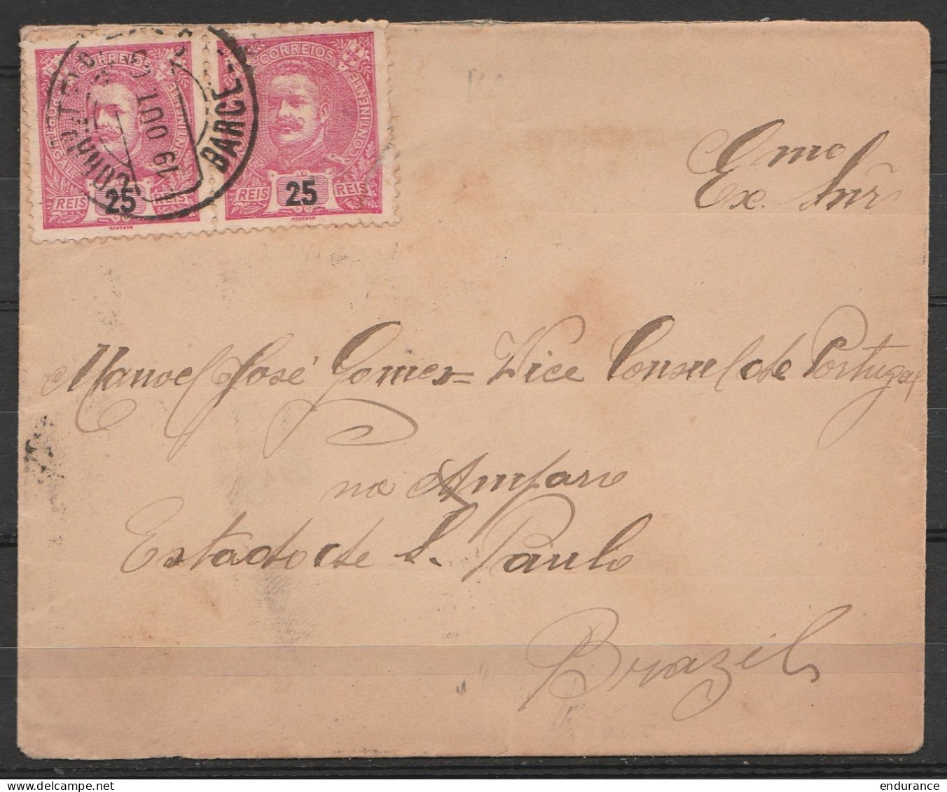 Portugal - L. Affr.50r Càd BARCELOS /19 OUT 1905 Pour Vice Consul Du Portugal à AMPARO Sao Paulo BRESIL - Covers & Documents