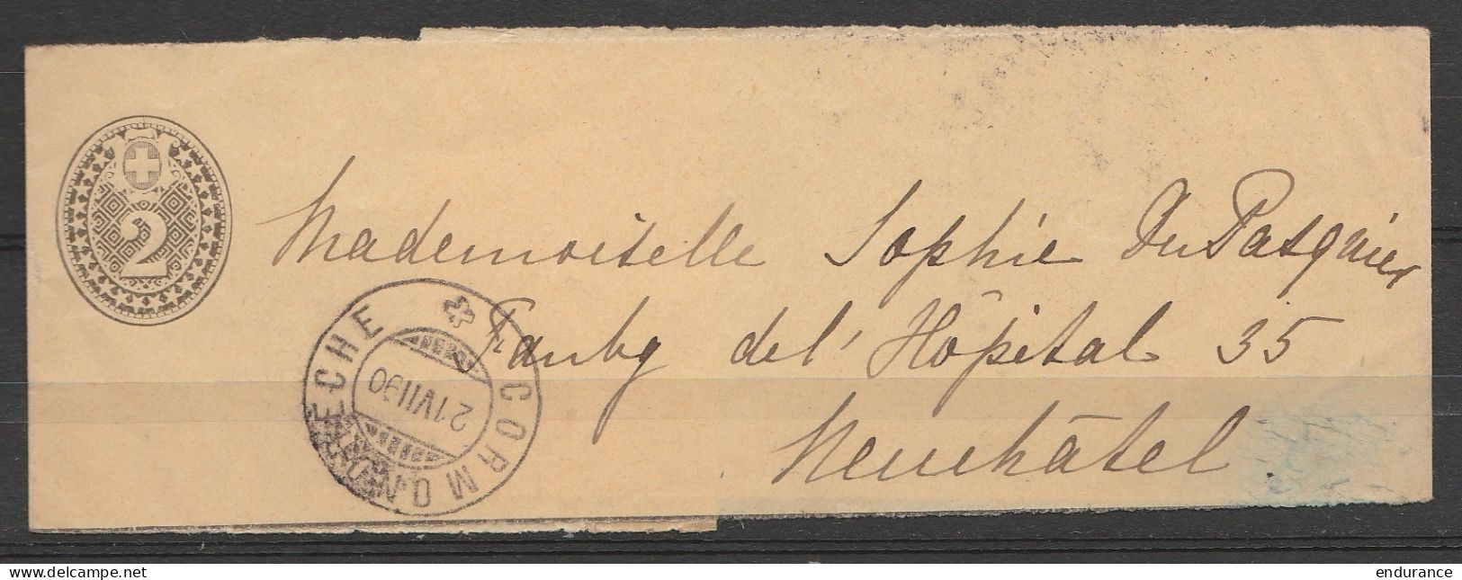 Suisse - Bande Journal 2c Càpt "CORMONDRECHE /21.VII.1890" Pour NEUCHÂTEL (au Dos : Càpt NEUCHÂTEL) - Covers & Documents