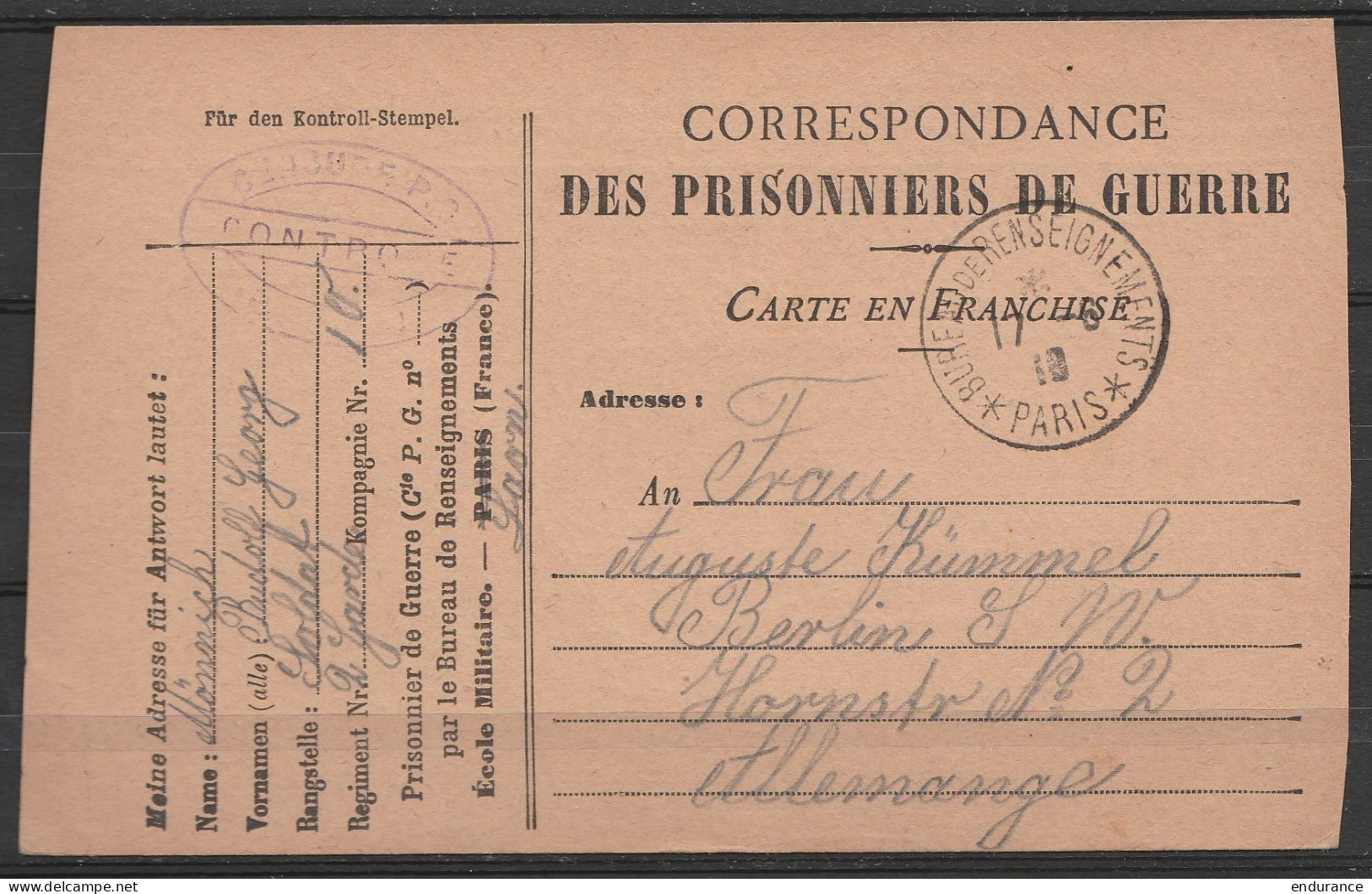 France - CP Franchise Prisonniers De Guerre Càd "BUREAU De RENSEIGNEMENTS /17-5-1919 D'un Prisonnier Allemand à SOISSONS - Lettres & Documents