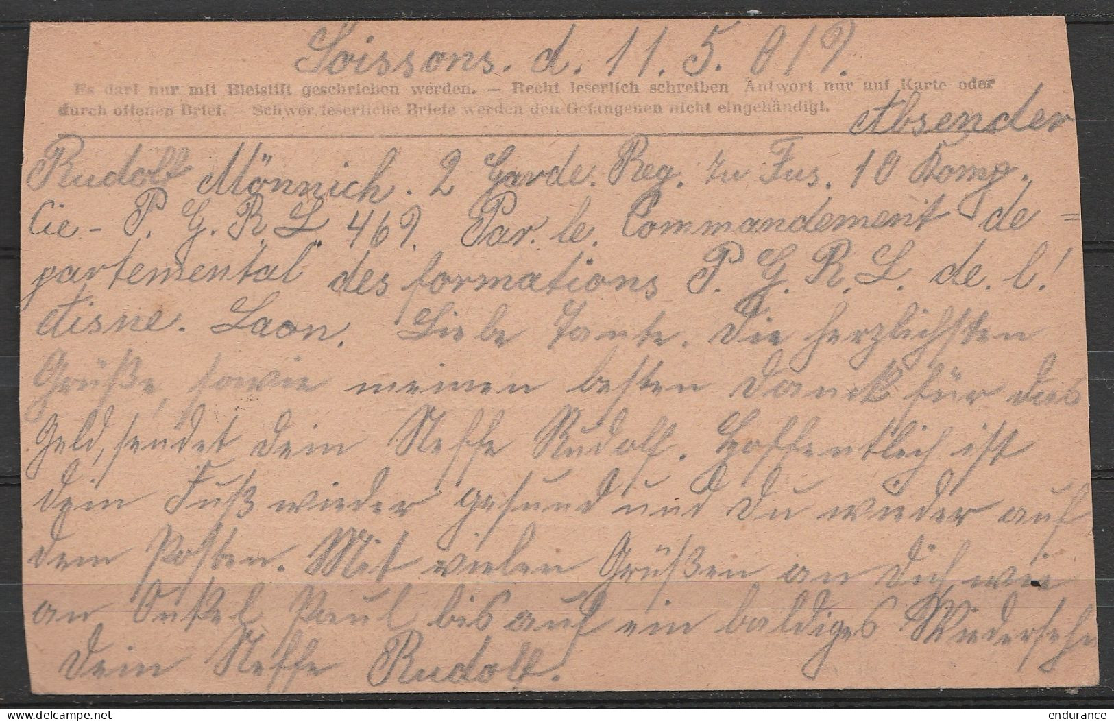 France - CP Franchise Prisonniers De Guerre Càd "BUREAU De RENSEIGNEMENTS /17-5-1919 D'un Prisonnier Allemand à SOISSONS - Lettres & Documents