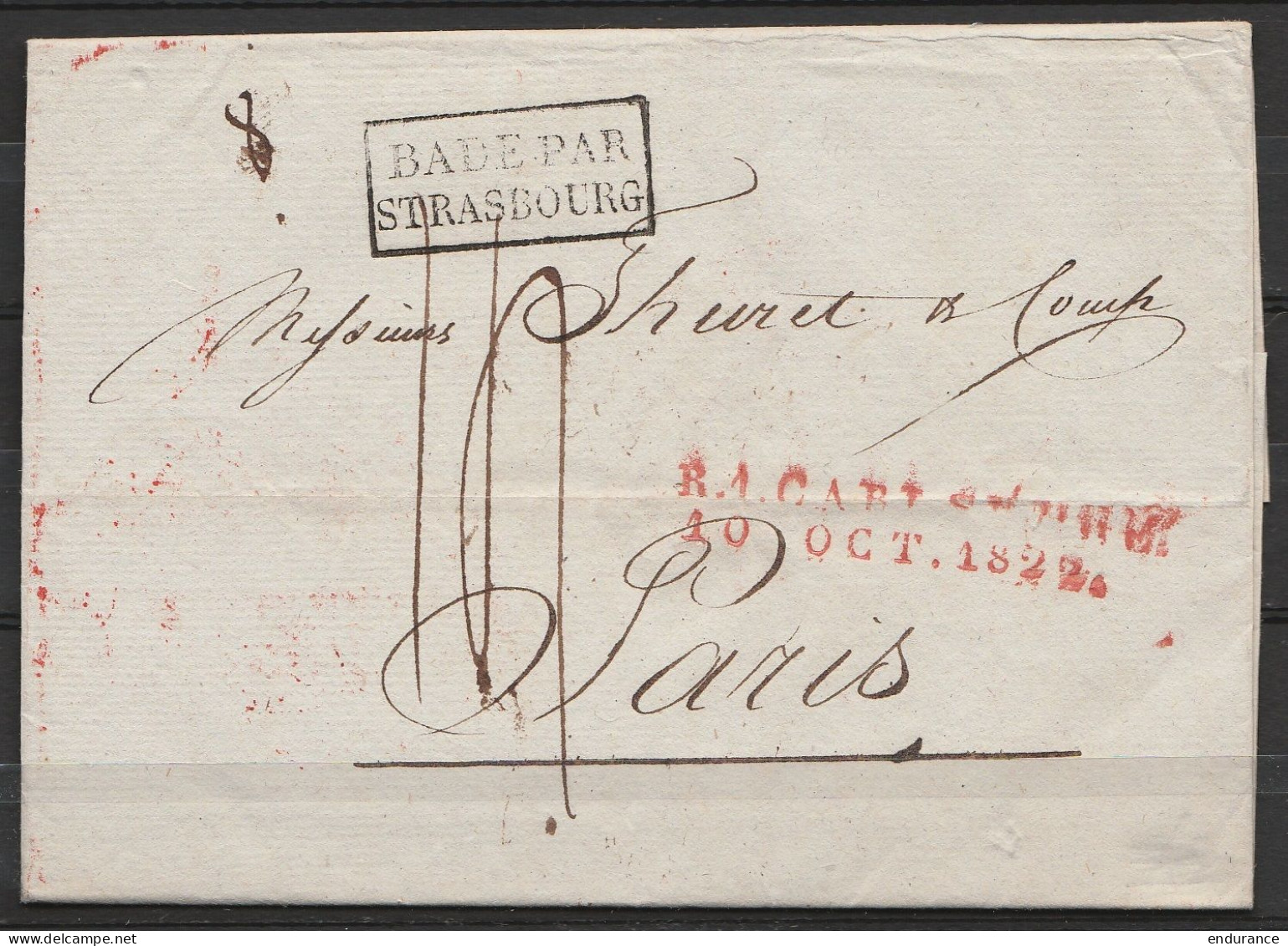 L. Datée 10 Octobre 1822 De CARLSRUHE Pour PARIS - Encadr. [BADE PAR STRASBOURG] - Griffe "R.1. CABt …./ 10 OCT.1822" -  - 1801-1848: Précurseurs XIX