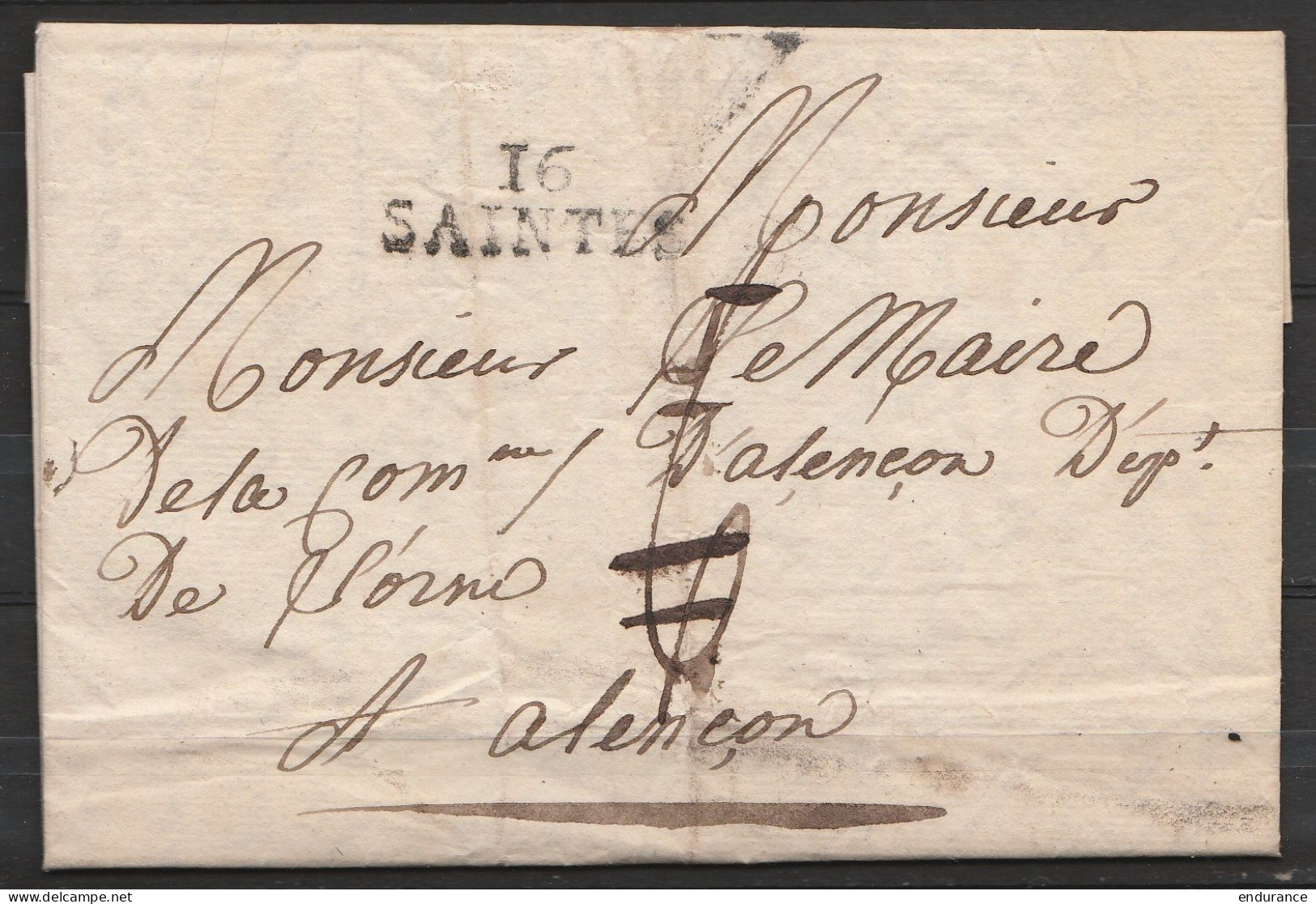 L. Datée 18 Juin 1819 De Saintes Pour ALENCON (Orne) - Griffe "I6 SAINTES" - Port "6" Biffé - 1801-1848: Vorläufer XIX